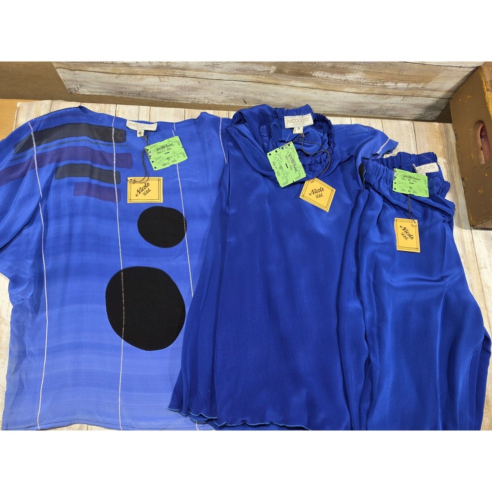 Nicole Ltd Chicago 3 Pc Silk Set Blouse Pants Skirt Blue Geometric Vintage 6